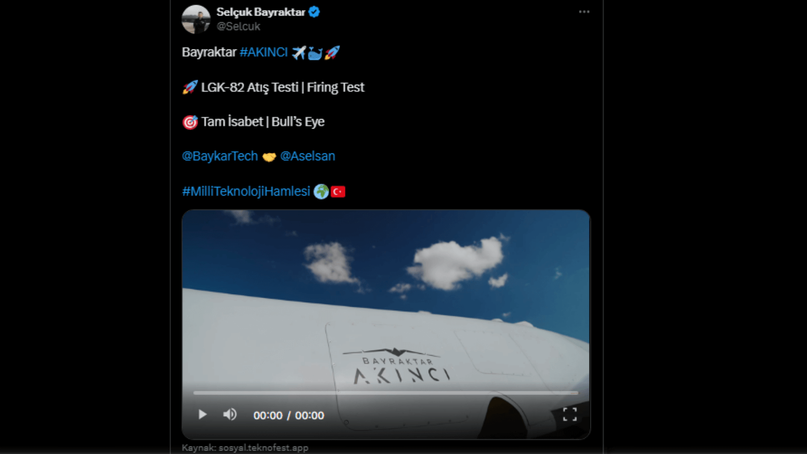 Selçuk Bayraktar sosyal medya hesabından deneme atışını paylaştı.