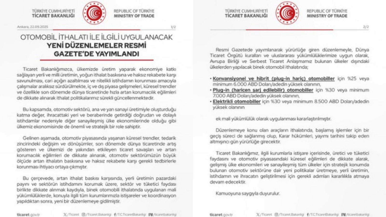 İthal Otomobillere Yeni Ek Vergi Düzenlemesi Yayımlandı