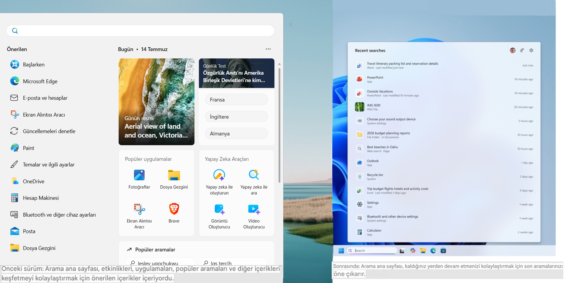 Windows 11'de Sade Arama Deneyimi Test Ediliyor 2 windows 11 eski ve yeni