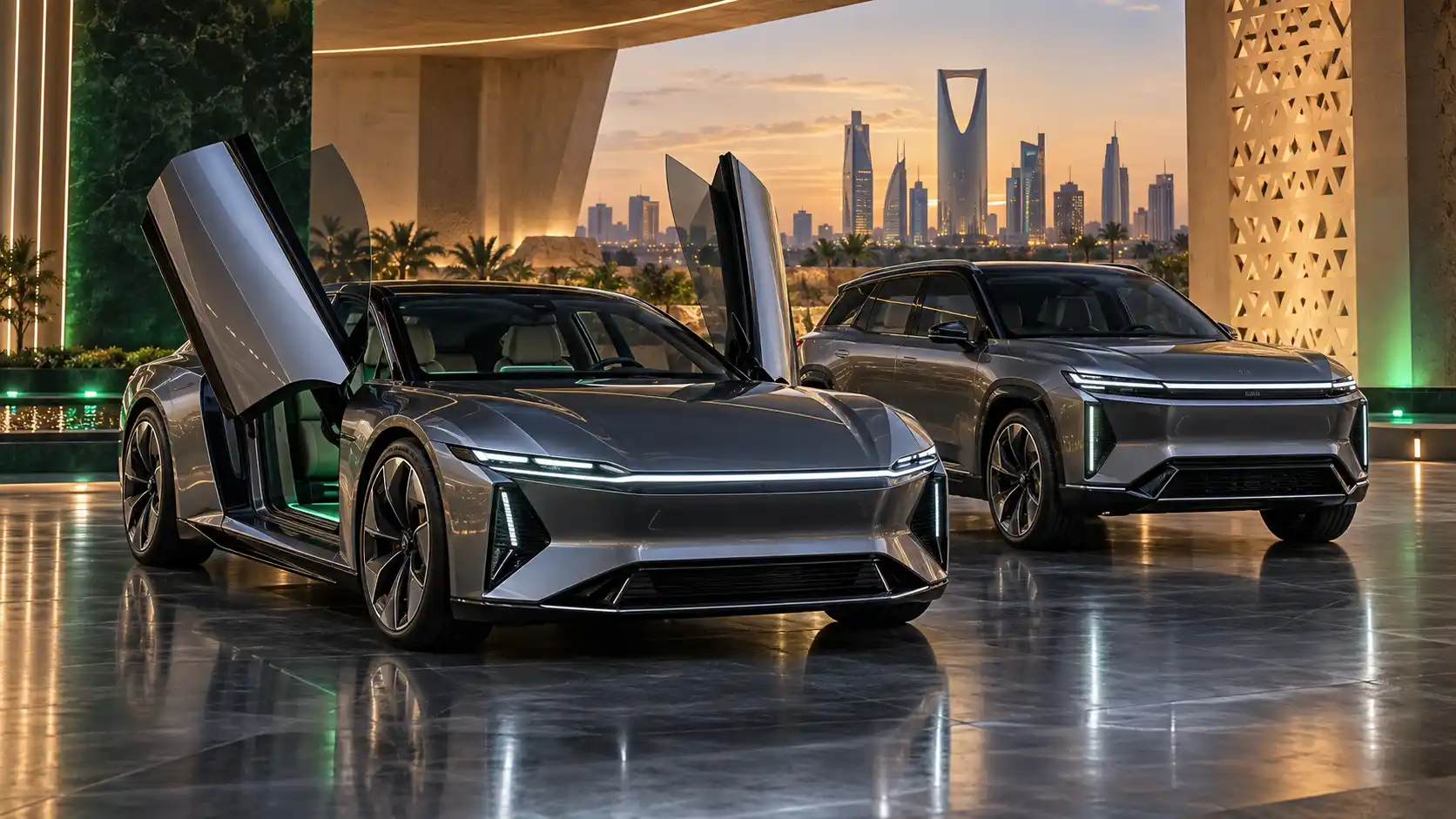 Suudi Arabistan’ın yerli otomobil markası Ceer tarafından geliştirilen elektrikli sedan ve SUV bir arada görülüyor. Exobot modelleri modern tasarımları ve yukarı doğru açılan kapılarıyla dikkat çekiyor.