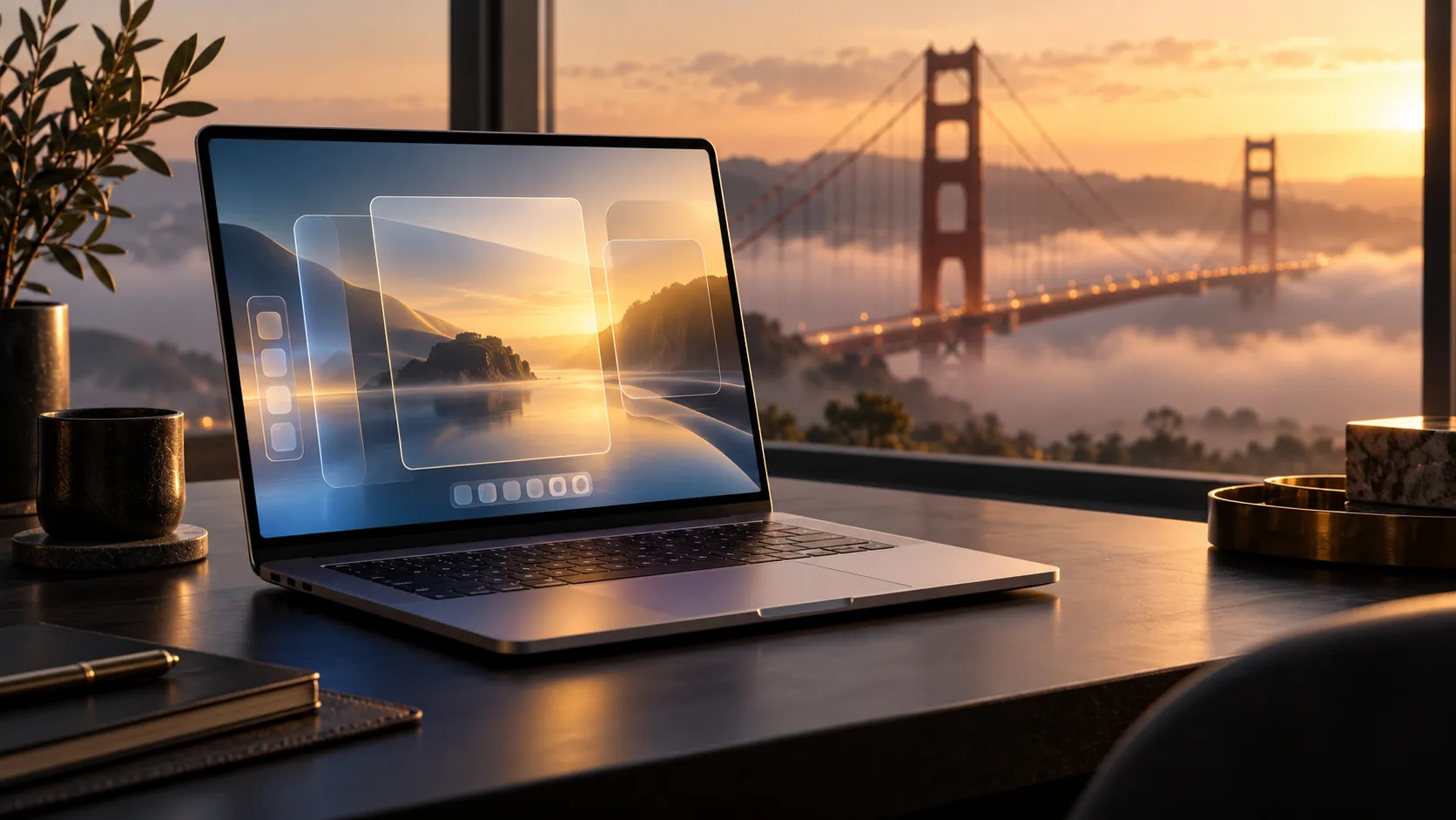 macOS 27 Golden Gate güncellemesini simgeleyen dizüstü bilgisayar ve Golden Gate Köprüsü