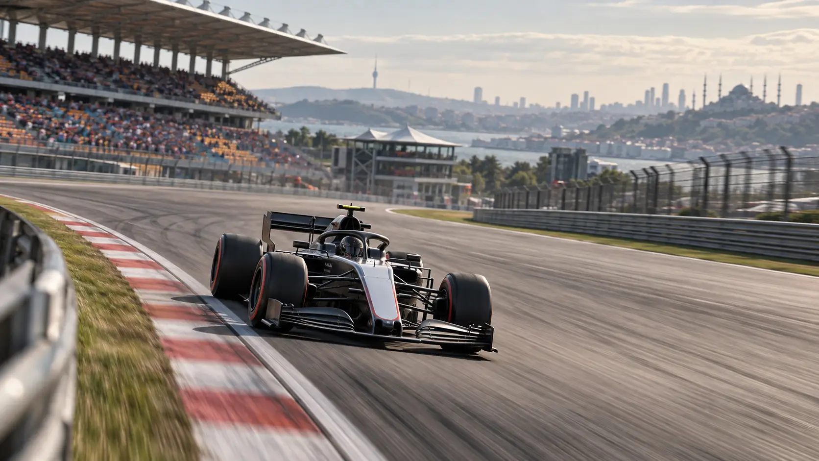 İstanbul Park pistinden esinlenen virajda ilerleyen Formula tipi yarış aracı