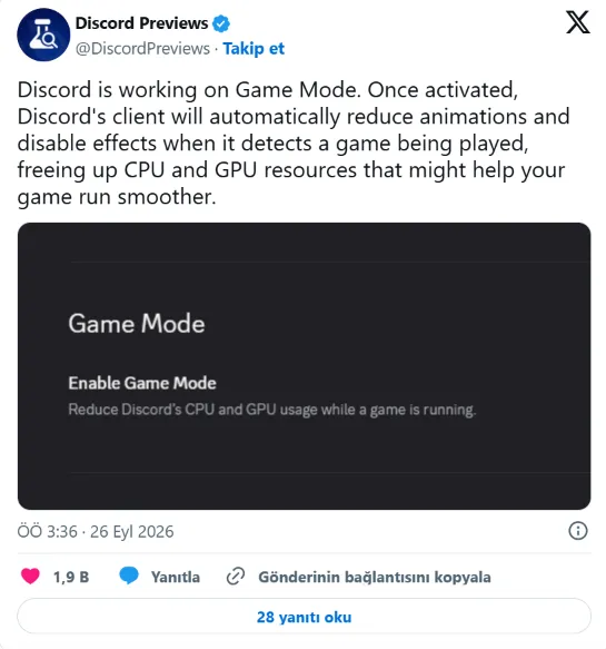 Discord Oyun Modu Üzerinde Çalışıyor, CPU ve GPU Kullanımı Azalabilir 2 Discord’un masaüstü uygulaması için Oyun Modu üzerinde çalıştığı ortaya çıktı.