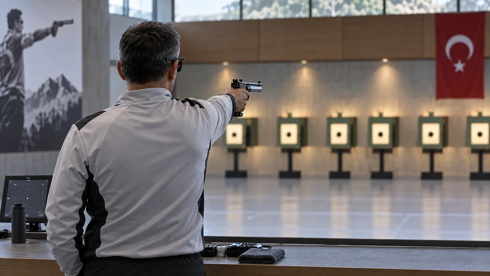 Temsili bir kapalı atış poligonunda sportif atıcılık çalışması yapan sporcu.