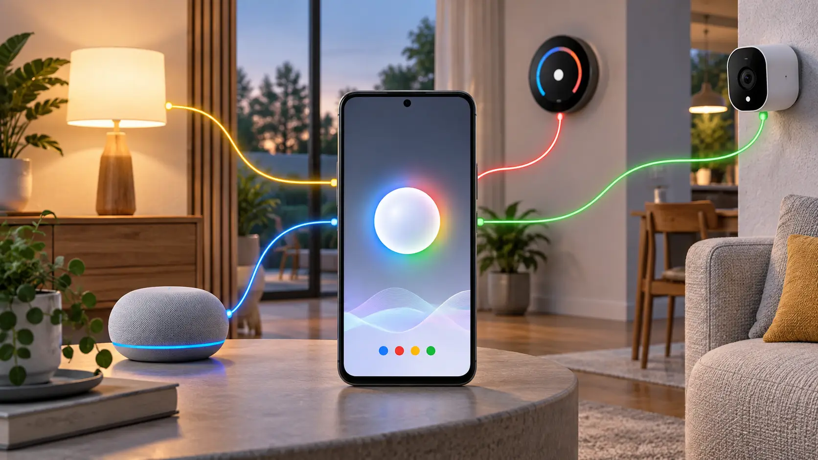 Yapay zekâ asistanına bağlanan akıllı ev cihazlarını gösteren temsili Google Home MCP görseli.