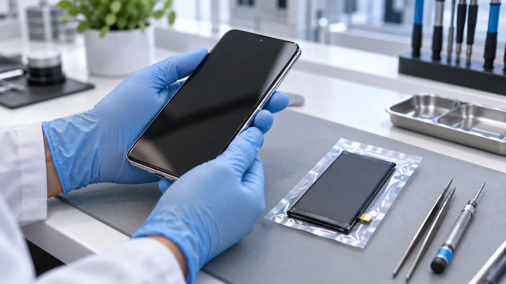 iPhone 18 Pro Pil Değişim Ücreti Açıklandı 2 Pil servisi öncesinde akıllı telefonu inceleyen teknisyeni gösteren temsili görsel.