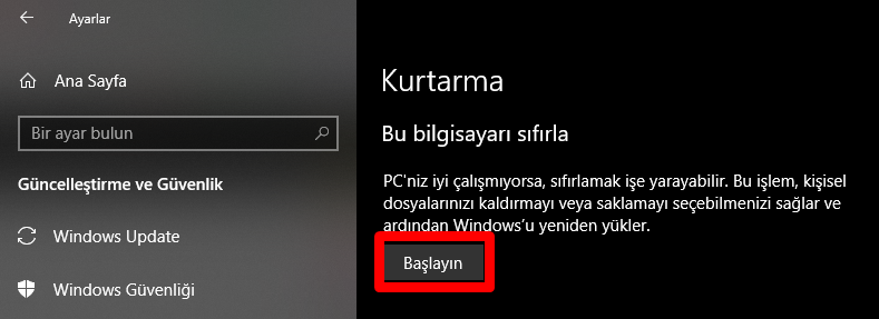 Windows 10 bilgisayar sıfırlama nasıl yapılır?
