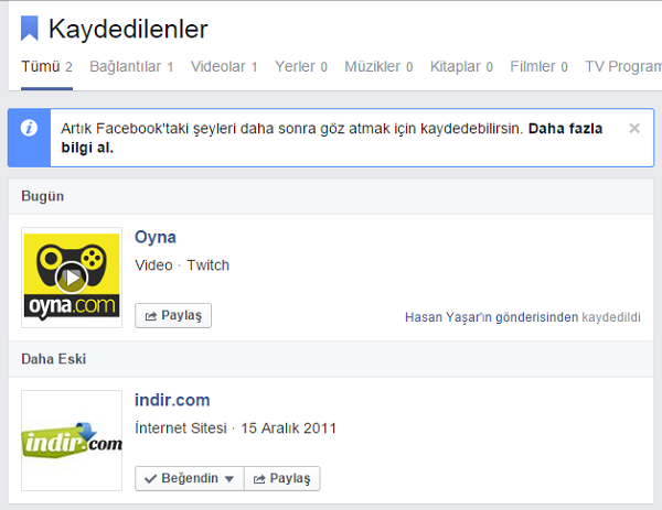 Facebook Kaydedilenler