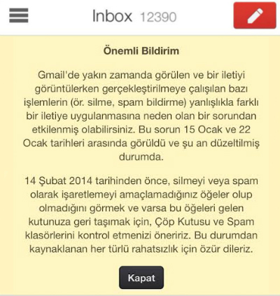 Gmail e-posta sorunu bildirimi