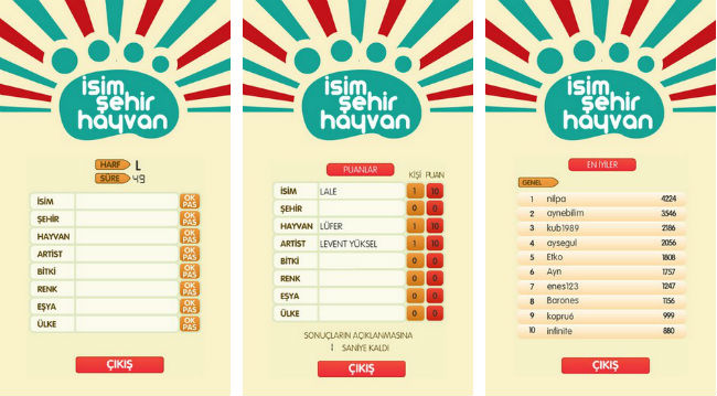 İsim Şehir Hayvan