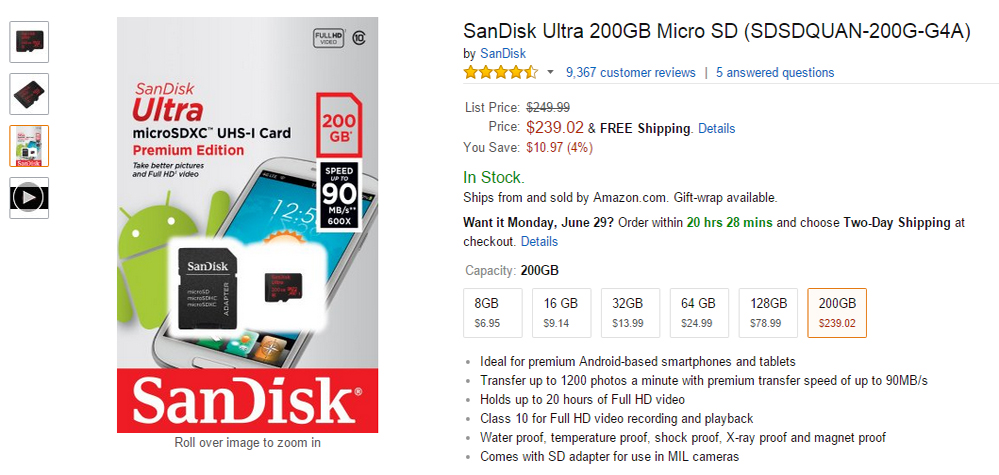 Sandisk 200 GB microSD card