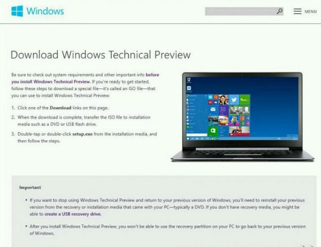 Windows Teknik Önizleme Sayfası